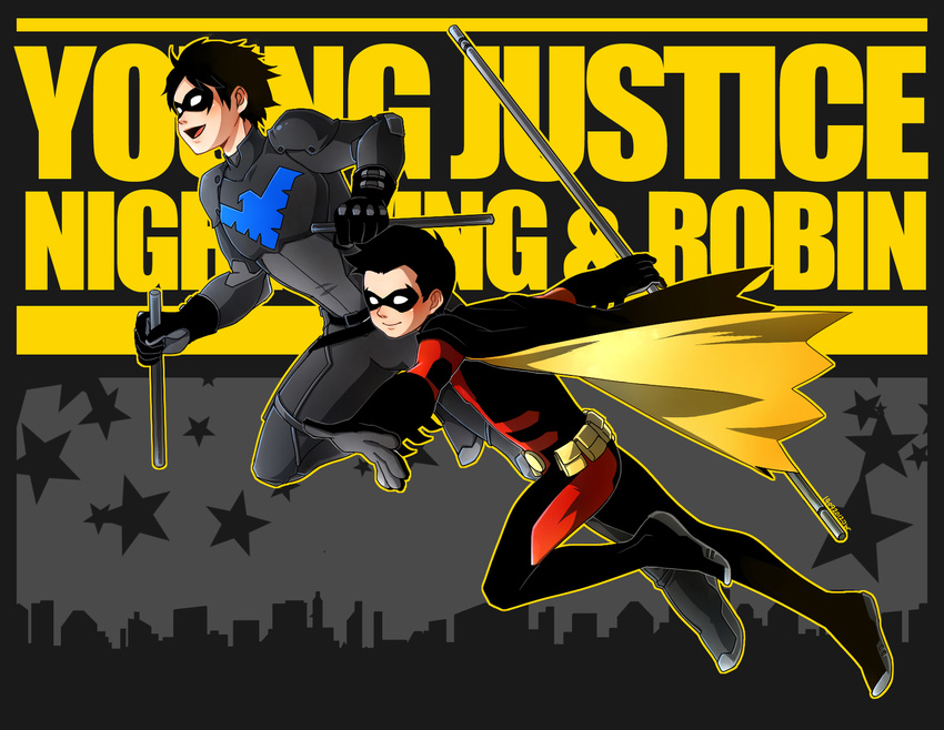 2boys batman_(series) belt black_hair brothers cape character_name copyright_name dc_comics dick_grayson domino_mask escrima_stick family ginkun gloves highres jumping male male_focus mask multiple_boys nightwing pixiv_manga_sample resized robin_(dc) siblings silverly sitck smile staff tim_drake title_drop utility_belt weapon young_justice:_invasion