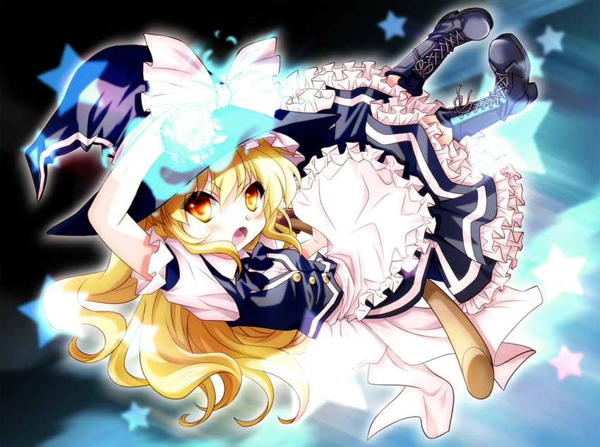 apron arm_up black_background blonde_hair boots broom buttons cross-laced_footwear flying frills hat kirisame_marisa komiru light_trail long_hair looking_at_viewer mini-hakkero open_mouth petticoat sitting skirt solo star touhou vest waist_apron witch_hat yellow_eyes