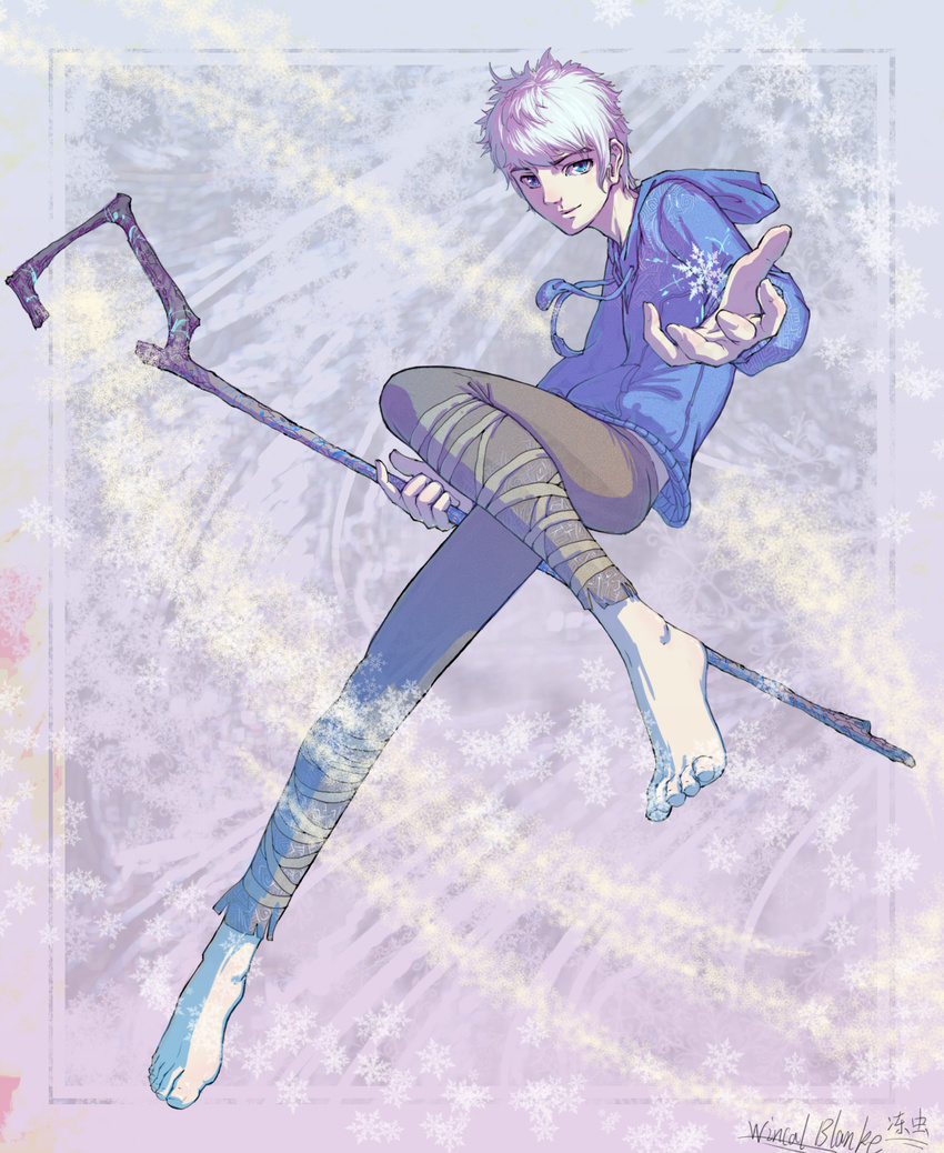 blue_eyes closed_mouth highres hood hoodie jack_frost_(rise_of_the_guardians) long_sleeves looking_at_viewer pants rise_of_the_guardians short_hair snow solo weapon weapons white_hair