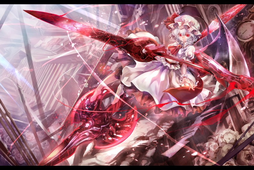bad_id bad_pixiv_id barefoot bat_wings blue_hair fang hat hat_ribbon highres letterboxed open_mouth red_eyes remilia_scarlet ribbon short_hair skirt smile solo spear_the_gungnir torino_akua touhou wallpaper wings