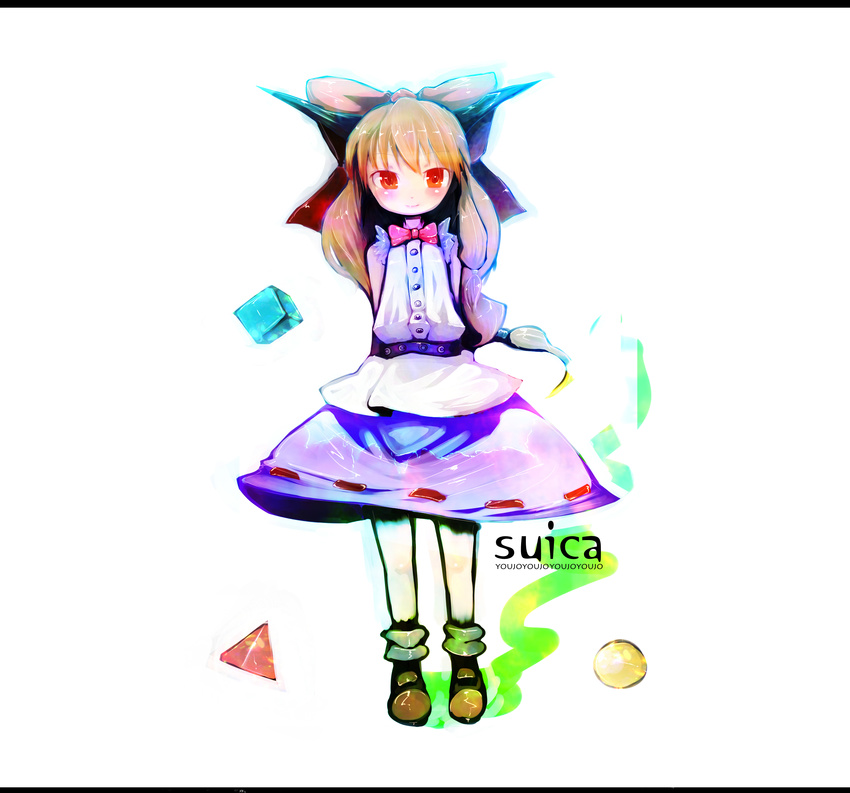 absurdres angry belt blonde_hair bow engrish hair_bow highres horn_ribbon horns ibuki_suika jinkou-kuu orange_eyes ranguage ribbon skirt smile solo touhou