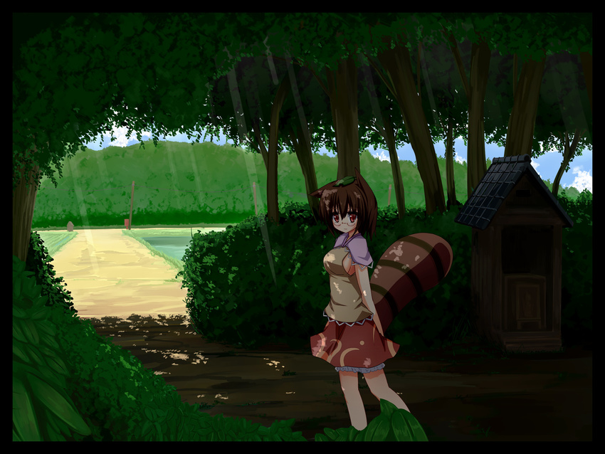 animal_ears arms_behind_back blouse blue_sky breasts brown_hair capelet cloud contemporary day forest futatsuiwa_mamizou glasses highres hill leaf leaf_on_head light_rays liya looking_at_viewer medium_breasts nature path power_lines raccoon_ears raccoon_tail red_eyes rice_paddy road semi-rimless_eyewear shade short_hair shrine sideboob skirt sky solo sunbeam sunlight tail telephone_pole touhou tree_shade walking water