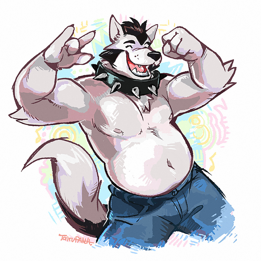 anthro belly black_hair black_nose canine cheerful chest_tuft chubby claws clothed clothing collar dancing dog elbow_tuft english_text eyes_closed fist fur gesture hair half-dressed happy husky jeans langdon langdon_marston male mammal musical_note nipples open_mouth overweight pants paws plain_background short_hair signature smile solo spiked_collar spikes standing super-tuler tairupanda teeth text thick tongue topless tuft white_background white_fur