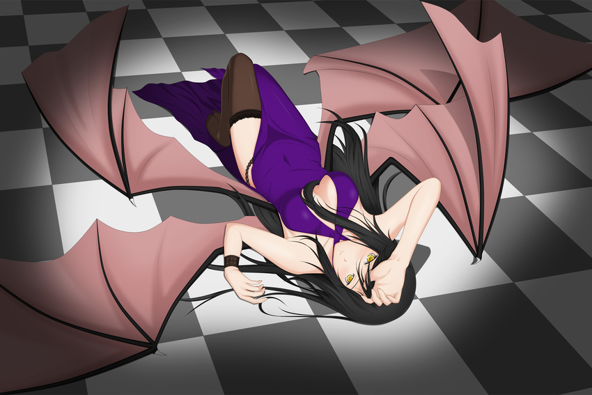 black_hair breasts checkered checkered_floor covered_navel dress highres long_hair looking_at_viewer lying medium_breasts midnight_(banyex) on_back original purple_dress solo thighhighs very_long_hair wings