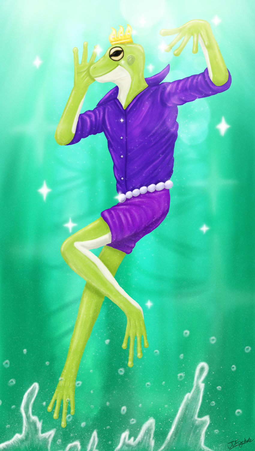 amphibian anthro clothing collar crown fabulous frog jumping jungle looking_at_viewer male mystery_ezekude outside pose prince purple purple_clothing royalty safe scalie shiny shorts smile solo sparkle sunny sunshine swamp water wood