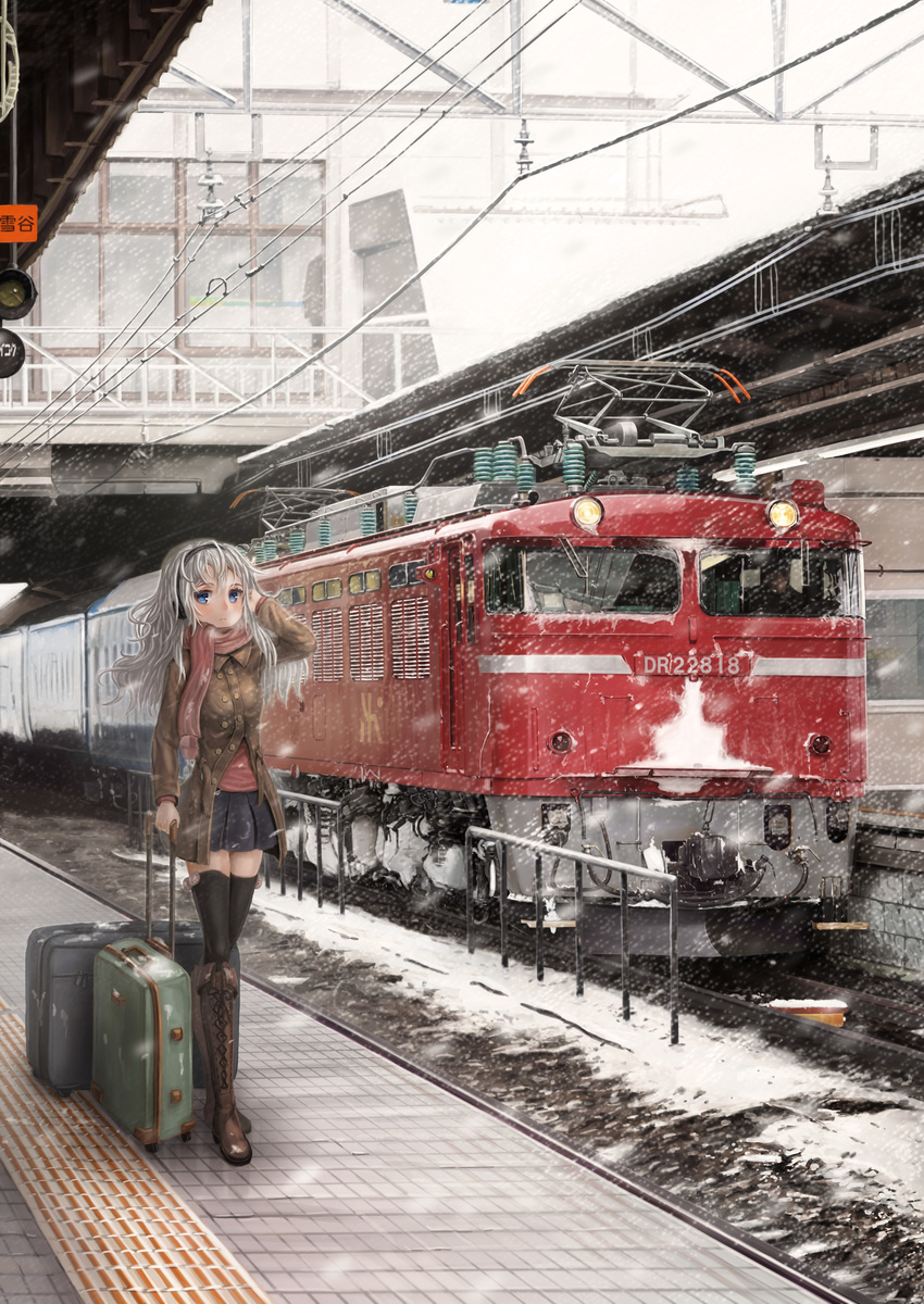 absurdres bad_id bad_pixiv_id black_legwear blue_eyes boots cross-laced_footwear gd._fengzi ground_vehicle hairband headphones highres knee_boots locomotive looking_at_viewer luggage original overhead_line pantograph railroad_tracks scarf snow snowing solo standing tactile_paving thighhighs train train_station white_hair