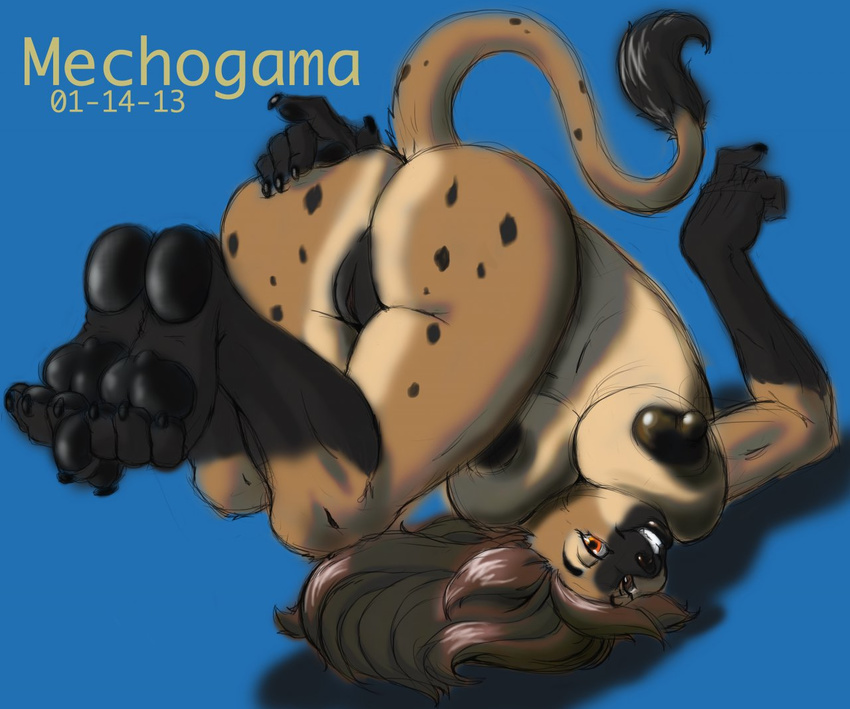 4_toes adeola_oshodi barefoot big_breasts big_butt black_claws black_lips black_nose breasts brown_hair butt claws contortion female flexible fur hair hindpaw huge_butt hyena lips long_hair looking_at_viewer mammal markings mechogama nipples nude orange_eyes pawpads paws plain_background presenting presenting_hindquarters pubes pussy raised_tail sketch smile socks_(marking) soles solo spots spotted_hyena tan_fur teeth thighs toe_claws toes voluptuous wide_hips