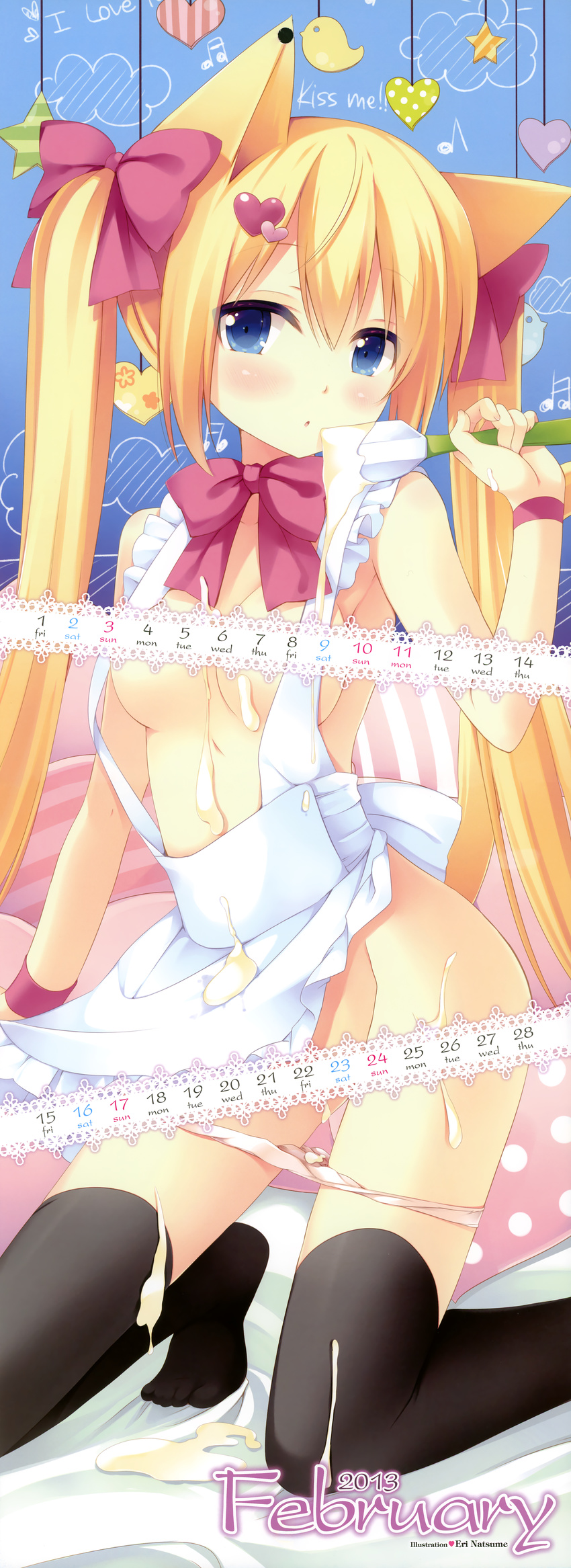 2013 :o absurdres animal_ears apron bare_shoulders blonde_hair blue_eyes blush bow breasts calendar_(medium) censored convenient_censoring dated dengeki_moeou english february food hair_bow hair_ornament heart highres huge_filesize kneeling leaning_forward long_hair long_image looking_at_viewer medium_breasts natsume_eri nearly_naked_apron no_shoes open_mouth panties panty_pull pink_panties polka_dot scan solo spatula stick_poster tall_image thighhighs twintails underwear white_legwear