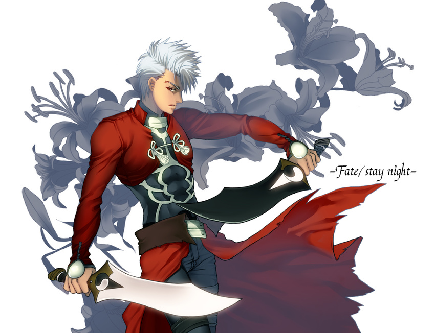 archer aya_(pixiv73672) bad_id bad_pixiv_id brown_eyes dual_wielding fate/stay_night fate_(series) flower holding kanshou_&amp;_bakuya male_focus solo sword weapon white_hair