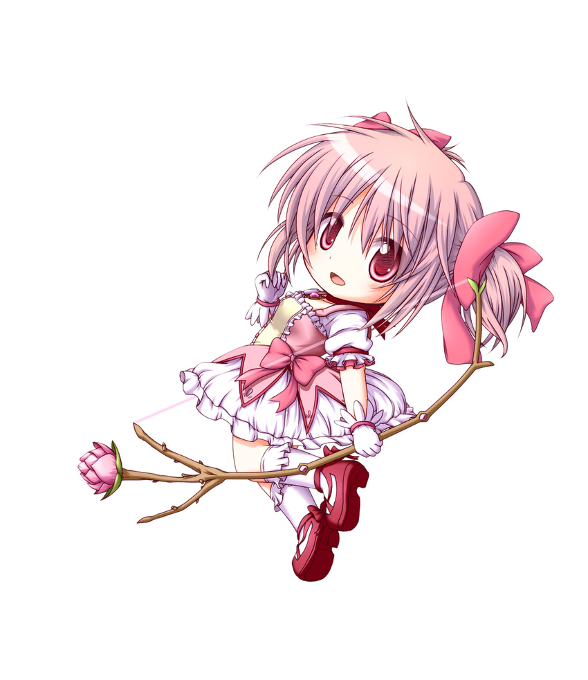 bow bow_(weapon) bubble_skirt chibi gloves hair_bow highres kaname_madoka kuena looking_at_viewer magical_girl mahou_shoujo_madoka_magica pink_eyes pink_hair short_twintails skirt solo twintails weapon