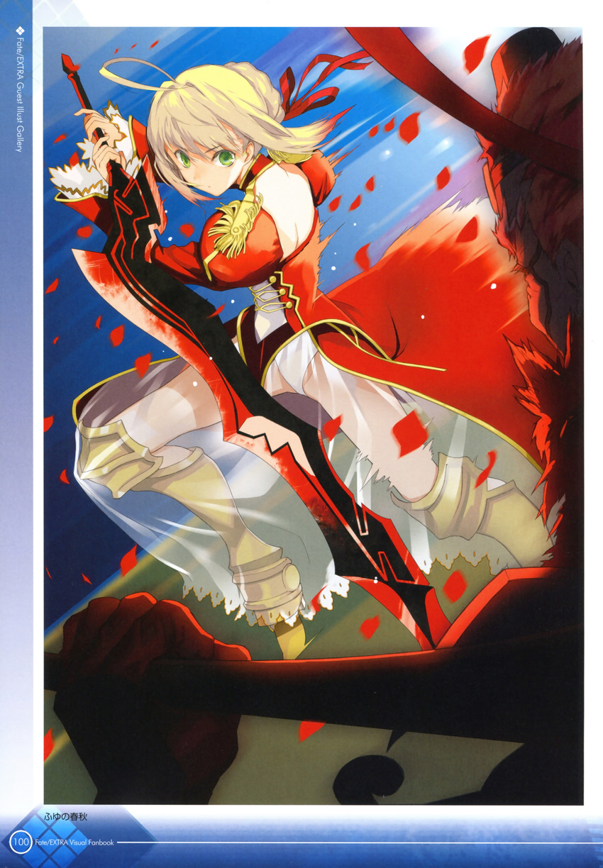 absurdres ahoge backless berserker_(fate/extra) blonde_hair dress epaulettes fate/extra fate/stay_night fate_(series) fuyuno_haruaki green_eyes hair_ribbon highres ribbon saber_extra see-through sword weapon