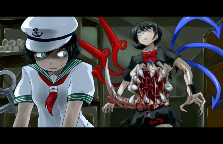 anchor asymmetrical_wings black_dress black_hair blood bow claws crossover dress fangs green_eyes guro hat houjuu_nue intestines letterboxed multiple_girls murasa_minamitsu neckerchief oso_(toolate) parody red_eyes sailor_dress sailor_hat short_sleeves sweat the_thing the_thing_(2011) torn_clothes torn_dress touhou wings