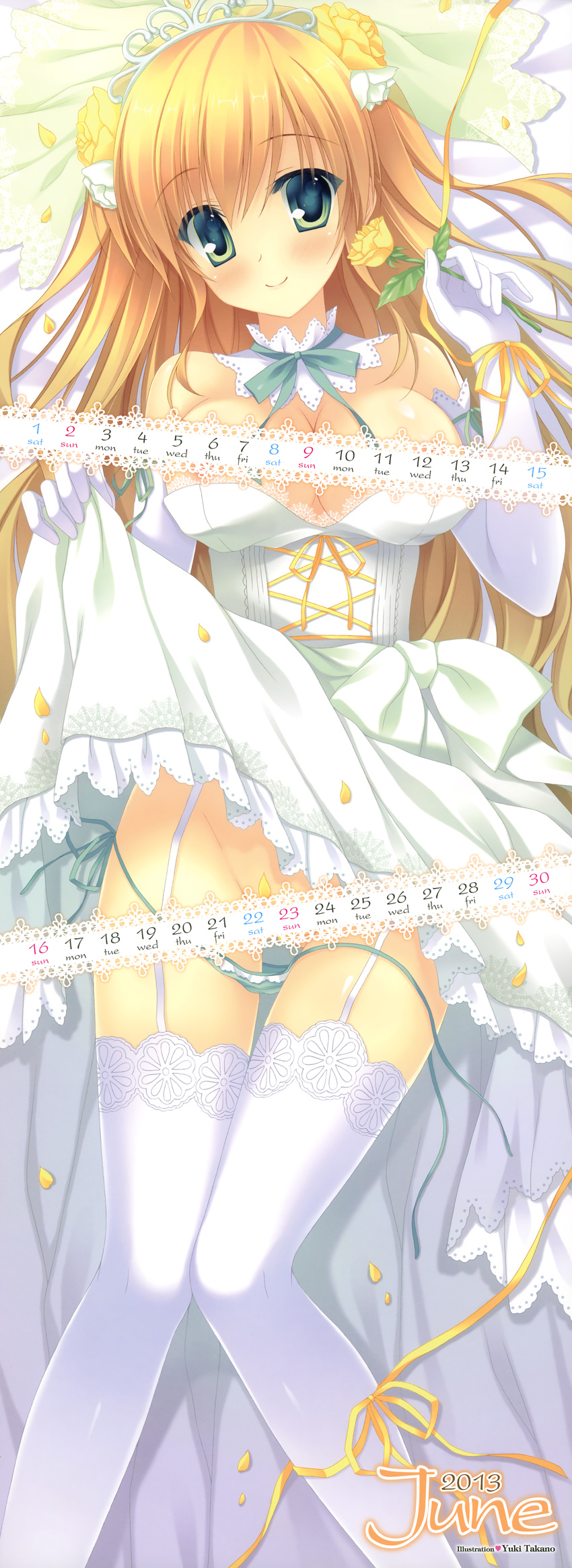 2013 absurdres blonde_hair blush breasts calendar_(medium) censored cleavage corset dated dengeki_moeou detached_collar dress dress_lift flower garter_straps gloves green_eyes green_panties groin hair_flower hair_ornament highres holding huge_filesize june large_breasts long_hair long_image looking_at_viewer original panties panty_pull petals rose scan side-tie_panties smile solo stick_poster takano_yuki_(allegro_mistic) tall_image thighhighs tiara underwear untied untied_panties wardrobe_malfunction wedding_dress white_gloves white_legwear