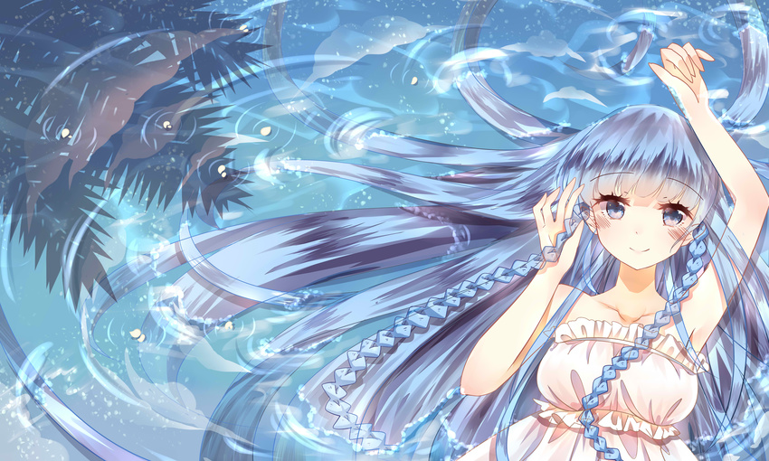 3000_xiao_chun absurdres afloat blue_eyes blue_hair braid hair_over_shoulder highres long_hair looking_at_viewer lying ocean original smile solo twin_braids wet wet_clothes