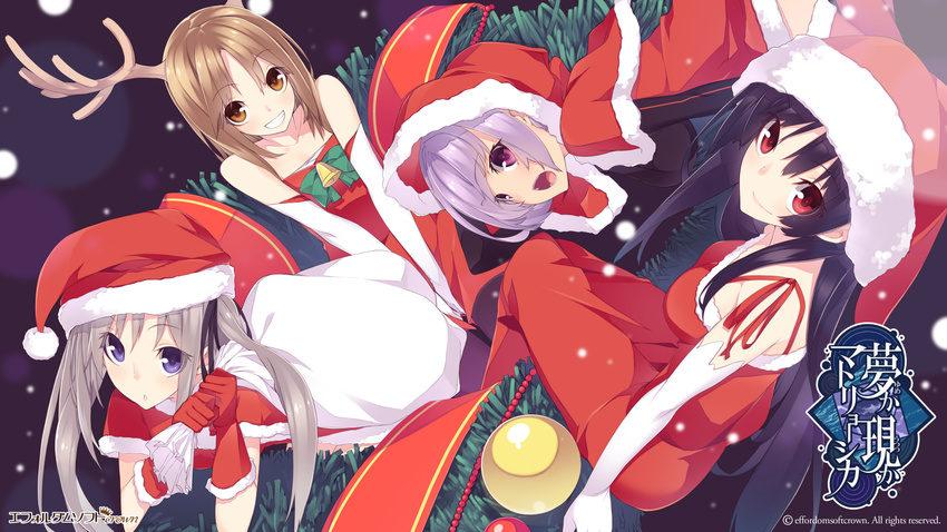 antlers bell black_hair blue_eyes brown_hair christmas copyright_name gloves hat highres houri_miyako long_hair mukunoki_shiori multiple_girls official_art open_mouth orange_eyes purple_eyes purple_hair red_eyes red_gloves reindeer_antlers sack santa_costume santa_hat senmu silver_hair twintails very_long_hair wadamori_isuka white_gloves yagiura_nagi yume_ka_utsutsu_ka_matryoshka