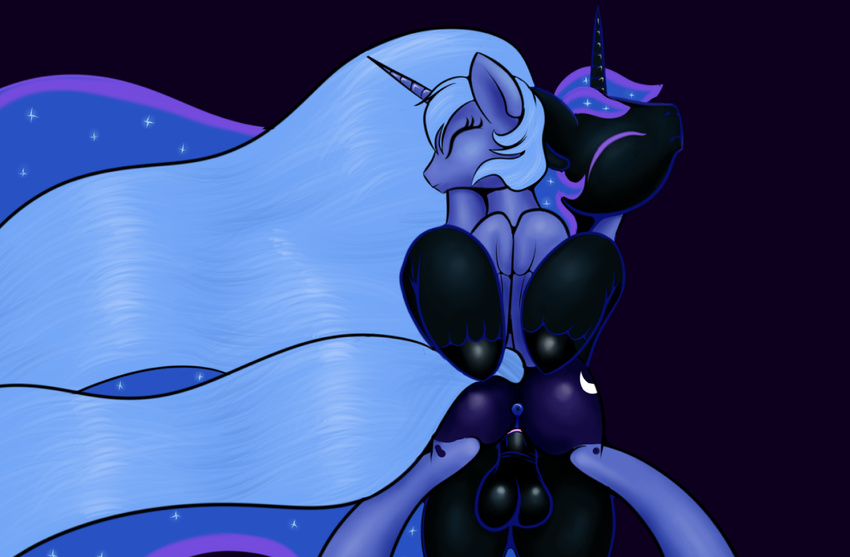 balls black_fur blue_background blue_fur blue_hair cowgirl_position crossgender cutie_mark duo equine eyes_closed female feral friendship_is_magic fur hair horn horse long_hair male mammal mane my_little_pony nightmare_moon_(mlp) on_top penetration plain_background pony princess_luna_(mlp) pussy ragingsemi sex square_crossover straddling straight unicorn vaginal vaginal_penetration winged_unicorn wings