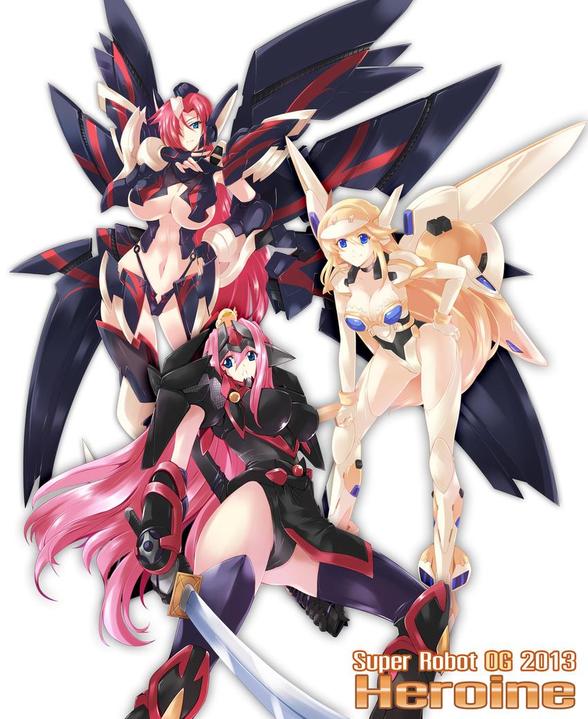 3girls animal animal_on_head bird blanche_neige_(mecha) blonde_hair blue_eyes breasts cleavage elbow_gloves fingerless_gloves from_below galilnagant gloves grin groin haganef hair_over_one_eye hand_on_hip highres huge_breasts jinrai katana large_breasts leaning_forward long_hair looking_at_viewer mecha mecha_musume midriff multiple_girls navel on_head open_mouth pink_hair red_hair sheath simple_background smile super_robot_wars super_robot_wars_destiny sword text_focus the_2nd_super_robot_wars_og thighhighs thighs underboob very_long_hair weapon white_background white_gloves wristband