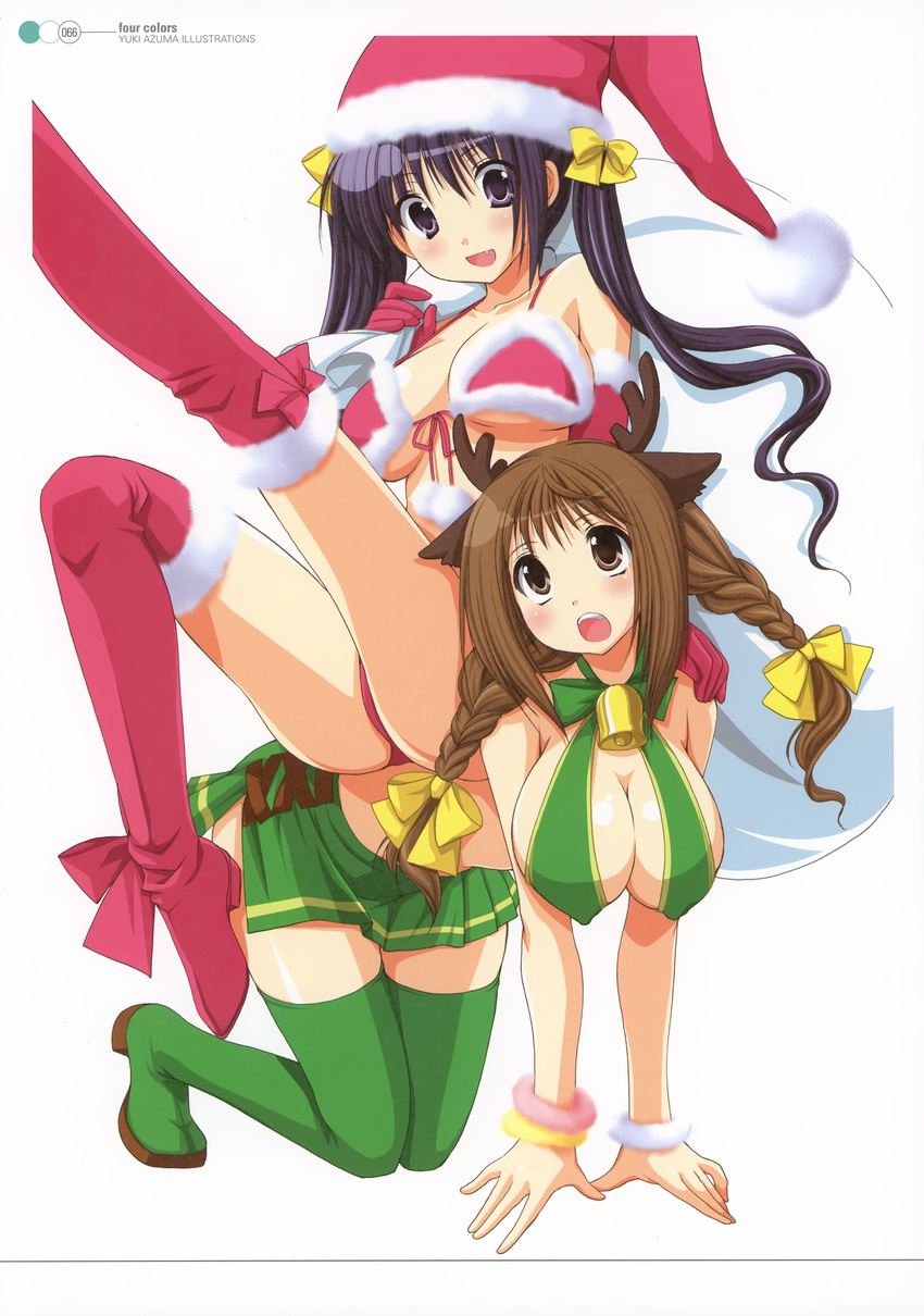 :d absurdres all_fours animal_costume antlers azuma_yuki bell bikini boots braid breasts brown_eyes brown_hair christmas cleavage covered_nipples d: fang green_footwear green_legwear hanging_breasts hat highres large_breasts legs multiple_girls on_person open_mouth original purple_eyes purple_hair red_legwear reindeer_antlers reindeer_costume riding sack santa_costume santa_hat skirt smile swimsuit thigh_boots thighhighs twin_braids twintails