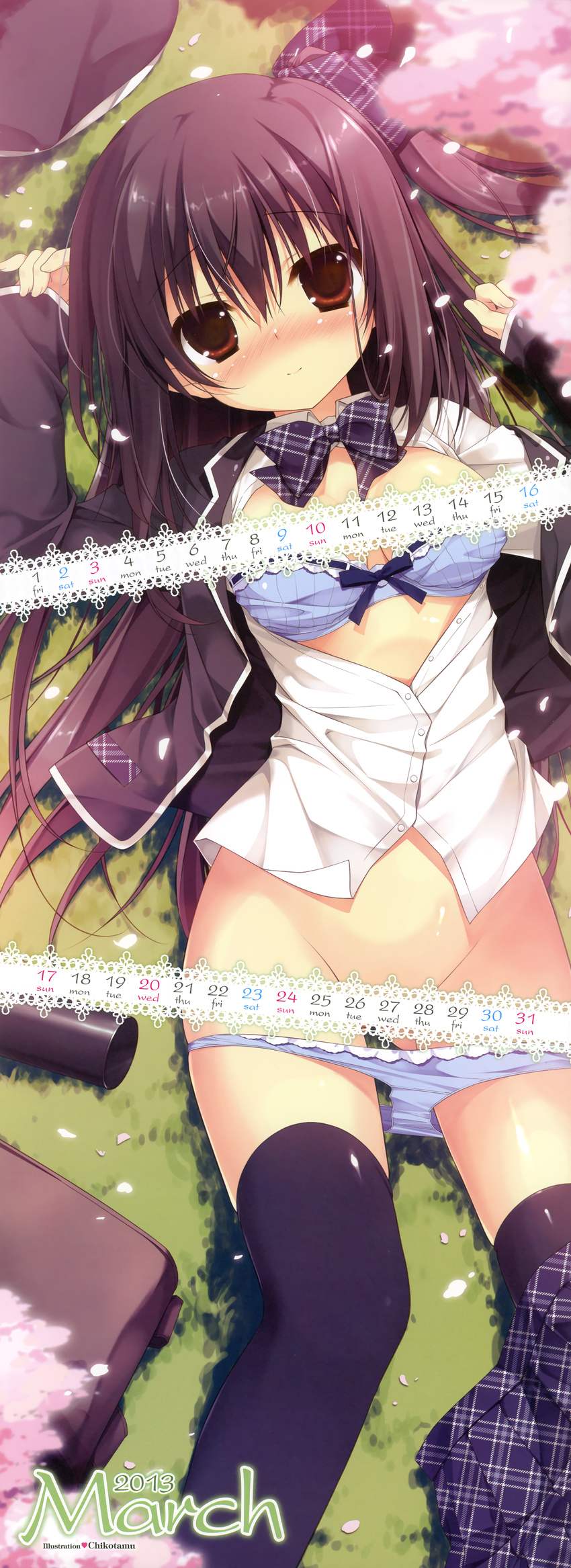 2013 absurdres bag black_hair black_legwear blazer blue_bra blue_panties blurry blush bow bow_bra bra bra_pull brown_eyes calendar_(medium) censored cherry_blossoms chikotam dengeki_moeou depth_of_field full-face_blush groin hair_bow hat hat_removed headwear_removed highres huge_filesize jacket light_smile long_hair long_image lying march on_back one_side_up open_clothes open_shirt original panties panty_pull plaid plaid_skirt pleated_skirt scan school_uniform shirt skirt skirt_around_one_leg sleeves_past_wrists solo stick_poster tall_image thighhighs unbuttoned underwear undressing