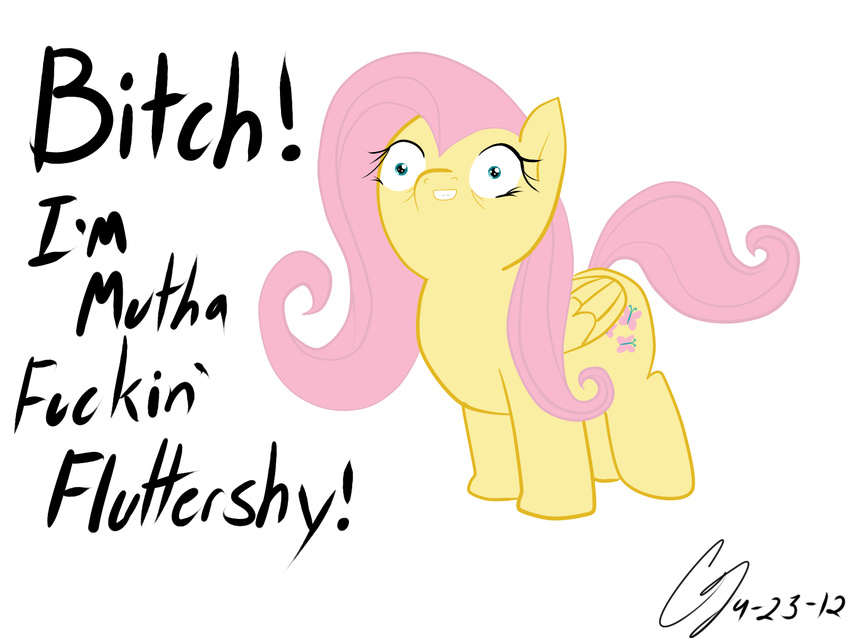 acethebigbadwolf arthropod big_eyes butterflies butterfly cutie_mark equine female feral fluttershy_(mlp) friendship_is_magic hair hooves horse insect insult long_hair mammal mane my_litte_pony my_little_pony pegasus pink_eyes plain_background pony signature smile standing text white_background wings