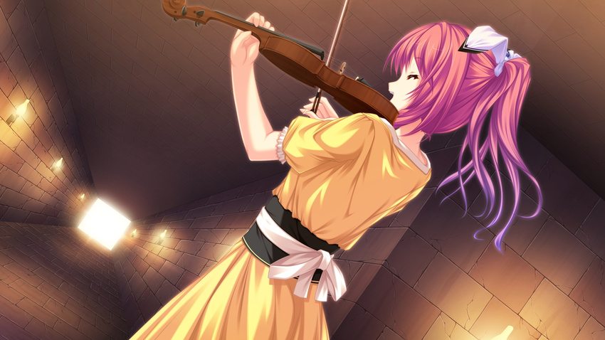 1girl bow candle dress eyes_closed female flame floria_vestoria game_cg hair_ornament highres instrument long_hair open_mouth pink_hair ponytail ryuuyoku_no_melodia solo tenmaso violin wall whirlpool_(studio)