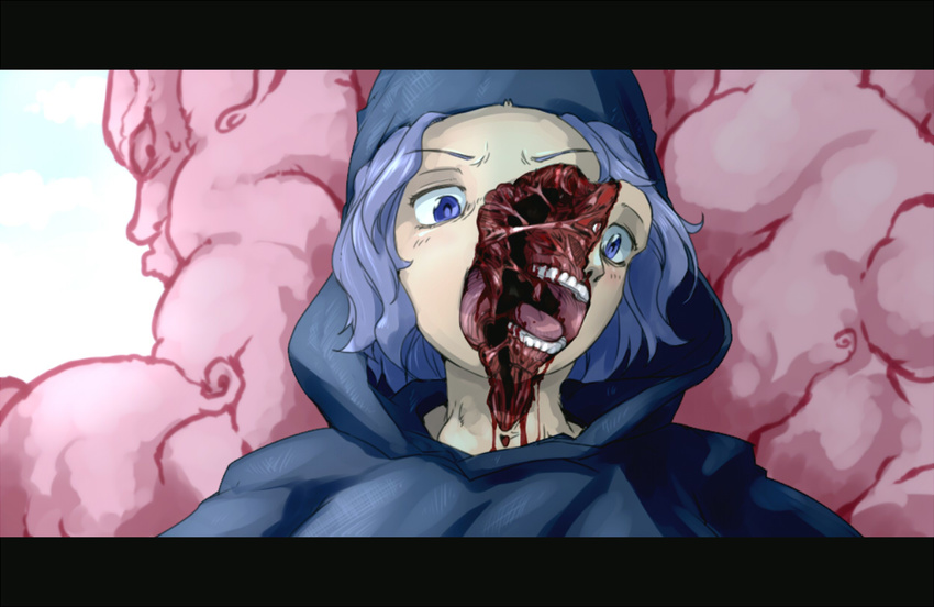 blood blue_eyes blue_hair crossover guro kumoi_ichirin open_mouth oso_(toolate) parody robe sweatdrop teeth the_thing the_thing_(2011) tongue touhou unzan you_gonna_get_raped