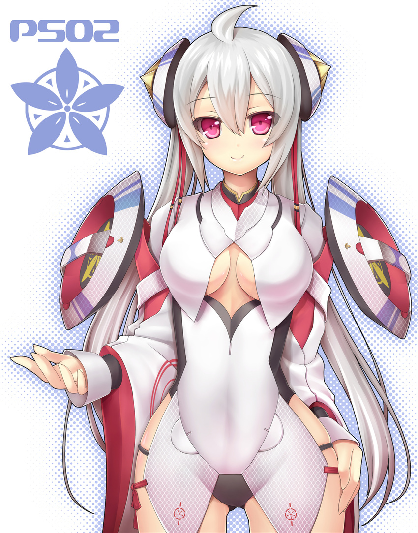 ahoge breasts cleavage cleavage_cutout headgear highres large_breasts long_hair long_sleeves looking_at_viewer matoi_(pso2) mikoto_cluster phantasy_star phantasy_star_online_2 pink_eyes smile solo standing twintails very_long_hair white_hair wide_sleeves yosugara_shou