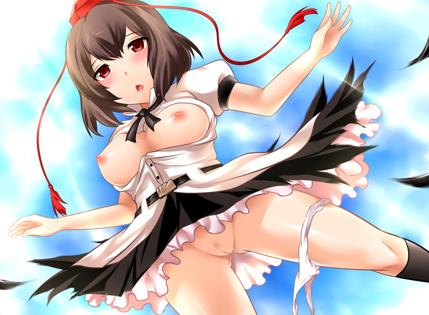 blush breasts brown_hair hat highres large_breasts looking_at_viewer nipples open_mouth panties panties_around_one_leg pubic_hair pussy red_eyes shameimaru_aya short_hair skirt sky solo spread_legs tokin_hat torn_clothes touhou unbuttoned underwear white_panties yoshimo