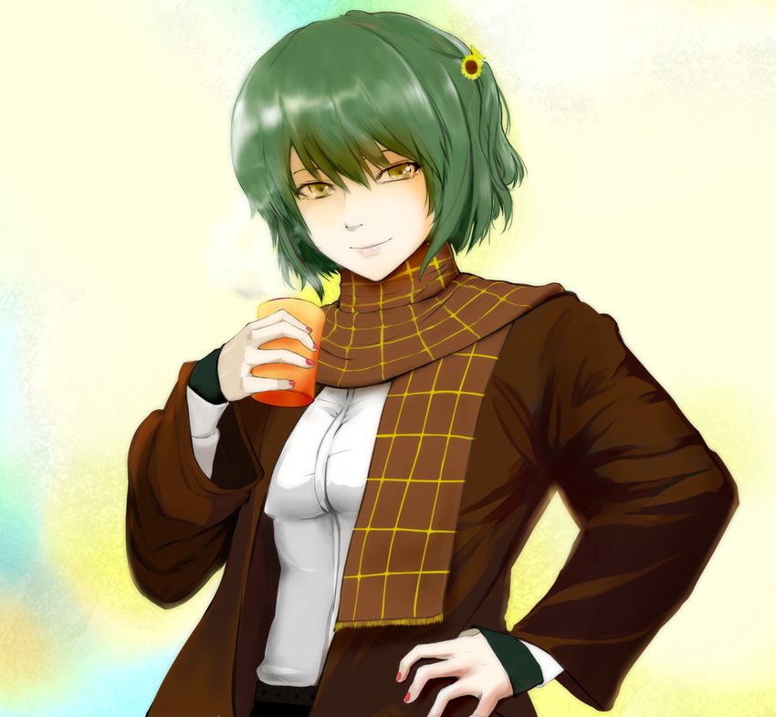 alternate_costume belt contemporary cup flower green_hair hair_flower hair_ornament hairpin highres jacket kazami_yuuka moganni nail_polish pants plaid scarf short_hair smile solo sunflower_hair_ornament touhou yellow_eyes