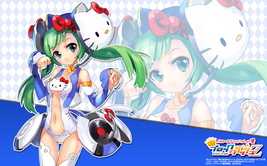argyle argyle_background blush bodysuit breasts center_opening detached_sleeves green_eyes green_hair headset hello_kitty hello_kitty_to_issho! highres medium_breasts navel paw_pose phonograph smile thigh_gap turntable underboob wallpaper zeco zoom_layer