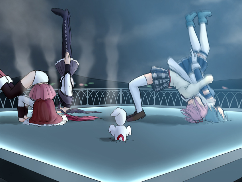 akemi_homura argyle argyle_legwear assisted_exposure black_hair black_legwear blue_hair detached_sleeves elbow_gloves flertis german_suplex gloves ground_shatter inugami-ke_no_ichizoku_pose kaname_madoka kyubey long_hair magical_girl mahou_shoujo_madoka_magica miki_sayaka multiple_girls panties pantyhose pantyshot pantyshot_(upside-down) pink_hair red_hair rooftop sakura_kyouko school_uniform short_hair skirt skirt_flip suplex thighhighs underwear upside-down white_gloves white_legwear white_panties wrestling