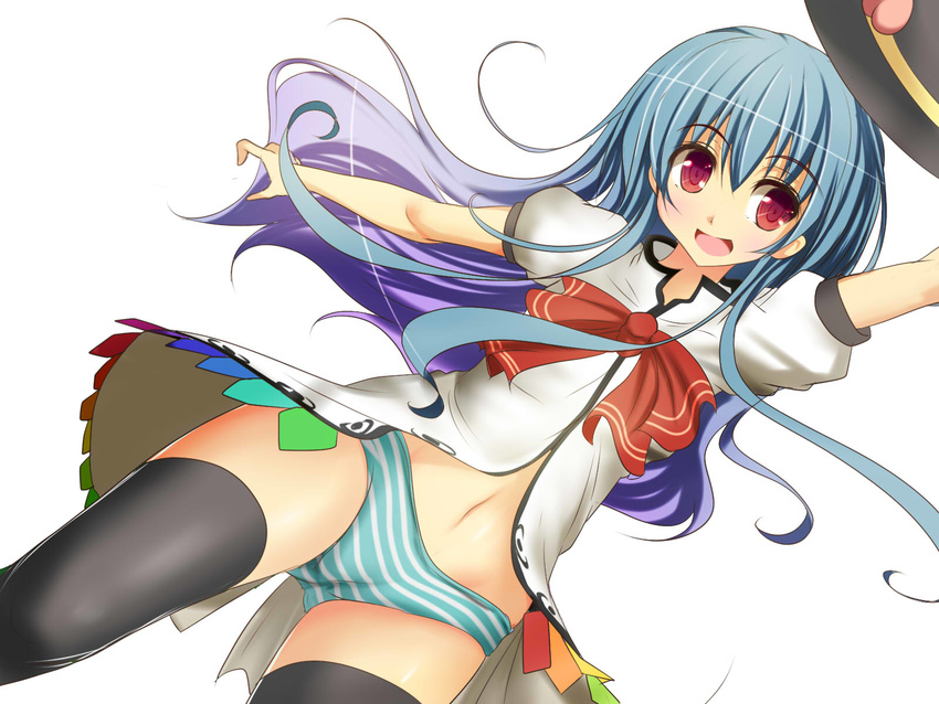 aqua_panties arm_up black_hair blue_hair bow calligraphy_brush_(medium) cameltoe food from_below fruit fukunaga_kazuhiro gradient_hair hat hat_removed headwear_removed highres hinanawi_tenshi long_hair midriff multicolored_hair navel no_pants open_clothes open_mouth open_shirt outstretched_arm panties peach purple_hair red_eyes shirt short_sleeves simple_background smile solo striped striped_panties thighhighs touhou underwear white_background
