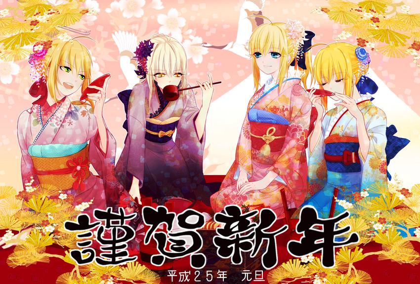 ahoge artoria_pendragon_(all) blonde_hair blue_eyes buretin candy_apple fate/extra fate/stay_night fate/unlimited_codes fate_(series) flower food green_eyes hair_flower hair_ornament hair_ribbon multiple_girls multiple_persona nero_claudius_(fate) nero_claudius_(fate)_(all) ribbon saber saber_alter saber_lily white_hair yellow_eyes