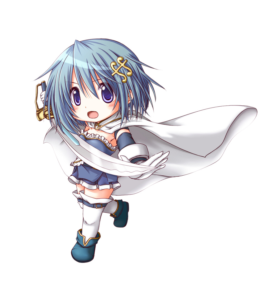 blue_eyes blue_hair boots cape chibi hair_ornament highres kuena magical_girl mahou_shoujo_madoka_magica miki_sayaka open_mouth short_hair skirt solo sword thighhighs weapon white_legwear