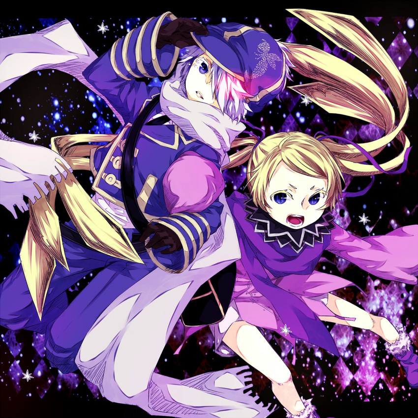 1boy 1girl belt blonde_hair blue_eyes child gloves grey_hair hair_over_one_eye hat lag_seeing long_hair necktie niche_(tegami_bachi) pants purple_eyes scarf shoes short_hair star tegami_bachi twintails