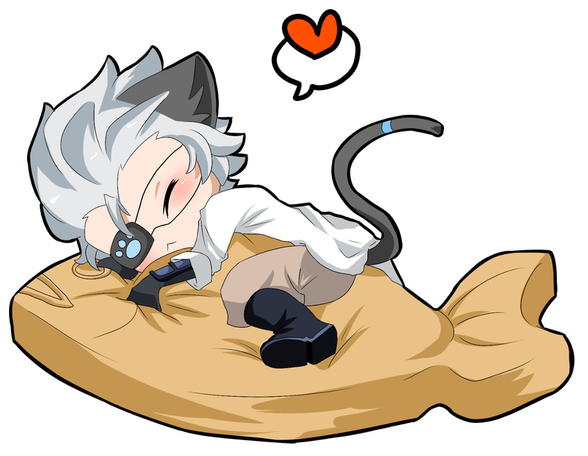 1boy animal_ears boots cat_ears cat_tail coat eyepatch eyes_closed fish food gloves grey_hair heart highres pants short_hair tail tegami_bachi thunderland_jr