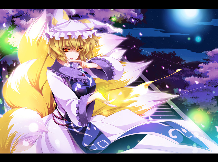 animal_ears blonde_hair cherry_blossoms full_moon hat highres lens_flare letterboxed looking_at_viewer magic moneti_(daifuku) moon multiple_tails night night_sky open_mouth petals sky solo stairs star_(sky) tail touhou yakumo_ran yellow_eyes