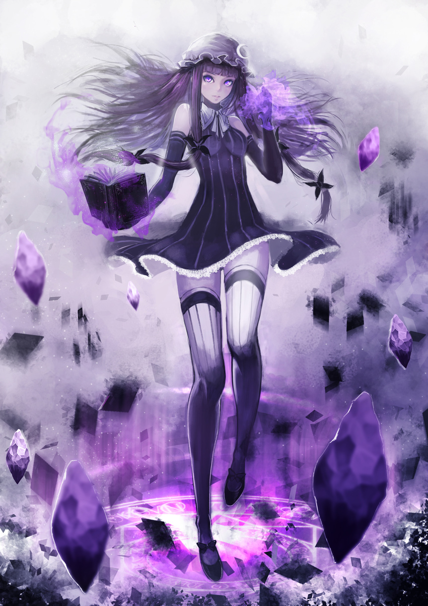 absurdres adapted_costume bare_shoulders book bow crescent crystal dress hair_bow hat highres long_hair magic magic_circle patchouli_knowledge purple_eyes purple_hair sola7764 solo thighhighs touhou zettai_ryouiki