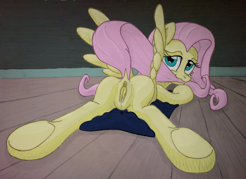 anus blue_eyes butt equine female feral fluttershy_(mlp) friendship_is_magic hair horse mammal my_little_pony pegasus pink_hair pocksuppet pony presenting pussy pussy_juice solo wings