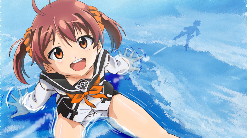 :d brown_eyes brown_hair creator_connection hair_ornament hair_scrunchie highres isshiki_akane national_shin_ooshima_school_uniform okan open_mouth orange_scrunchie school_uniform scrunchie shadow short_hair short_shorts shorts smile solo twintails vividred_operation water world_witches_series