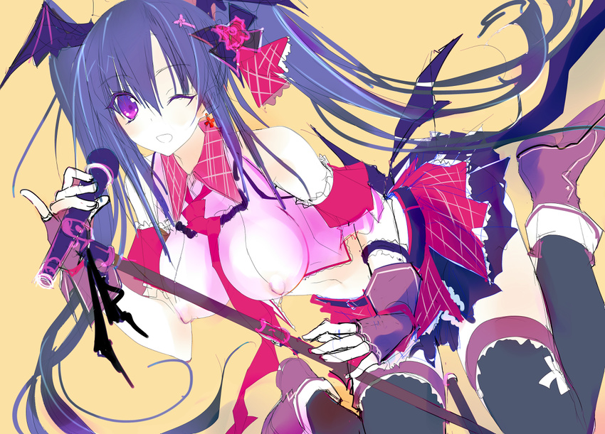 ;d black_legwear blue_hair breasts colored_eyelashes copyright_request covered_nipples fingerless_gloves gloves large_breasts legs microphone mini_wings one_eye_closed open_mouth purple_eyes sketch smile thighhighs yudesoba