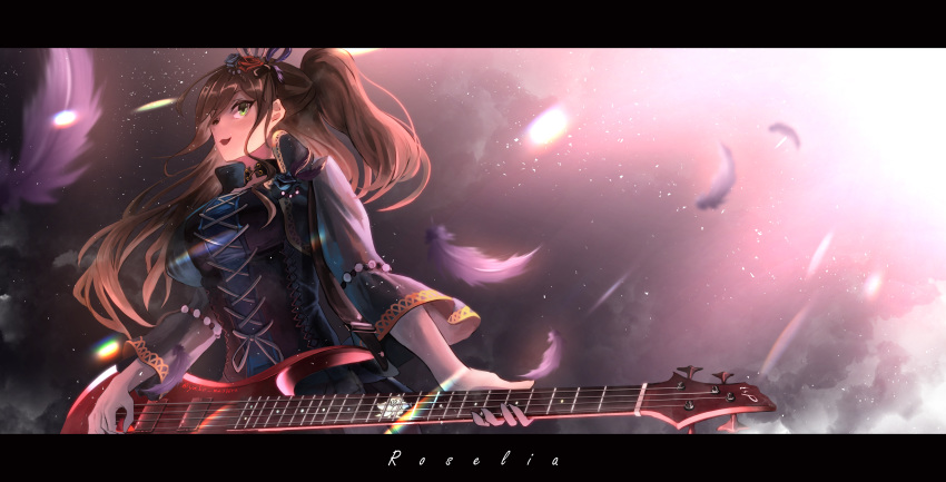 1girl :d absurdres bang_dream! bangs bass_guitar black_choker black_jacket blurry breasts brown_hair choker commentary_request cropped_jacket cross-laced_clothes feathers floating_hair green_eyes hair_ornament highres holding holding_instrument imai_lisa instrument jacket large_breasts letterboxed light_particles long_hair long_sleeves looking_at_viewer negative_space one_side_up open_clothes open_jacket open_mouth sidelocks smile solo upper_body yako_mashiro
