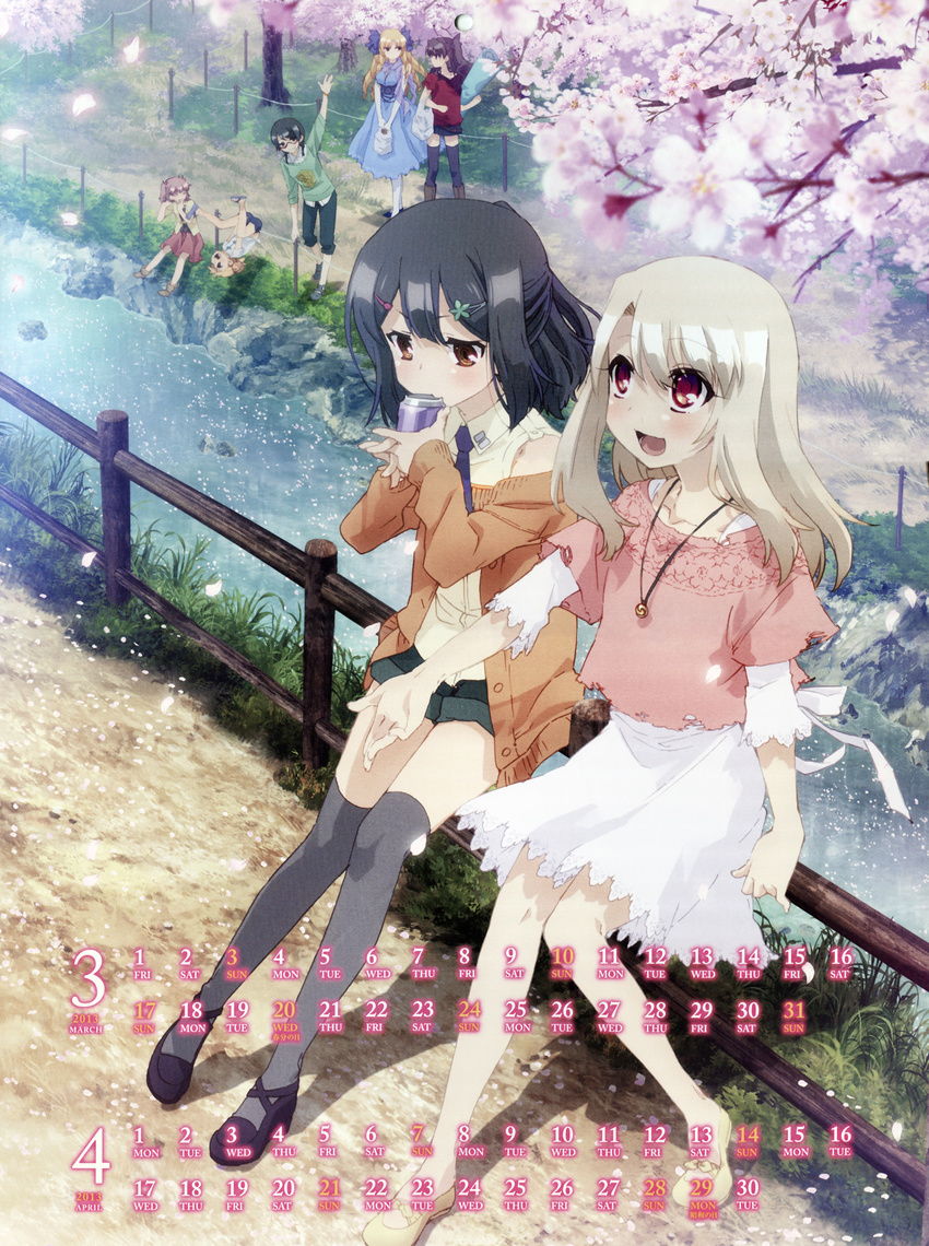 2girls absurdres blonde_hair bow calendar curls curly_hair fate/kaleid_liner_prisma_illya fate_(series) female hair_bow highres illyasviel_von_einzbern long_hair luviagelita_edelfelt miyu_edelfelt multiple_girls official_art tohsaka_rin twintails type-moon white_hair