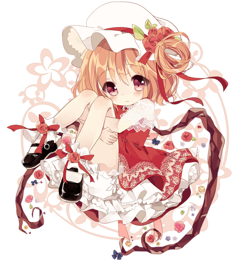 adapted_costume ankle_cuffs blonde_hair bloomers blush dress flandre_scarlet flower frills hat highres jewelry leg_hug mary_janes morinaga_kobato necklace pearl red_eyes shoes short_hair side_ponytail solo touhou underwear wings