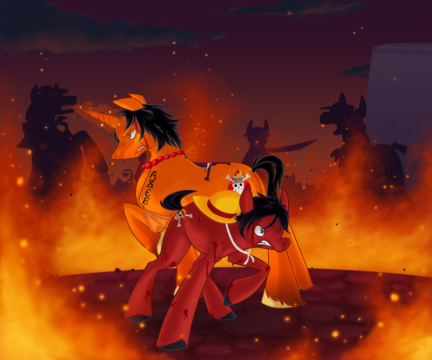 abstract_background black_hair blood cutie_mark duo equine fire freckles fur hair hat horn horse male mammal monkey_d_luffy my_little_pony one_piece orange_fur pirate ponification pony portgas_d_ace puppet-rhymes red_fur unicorn warm_colors