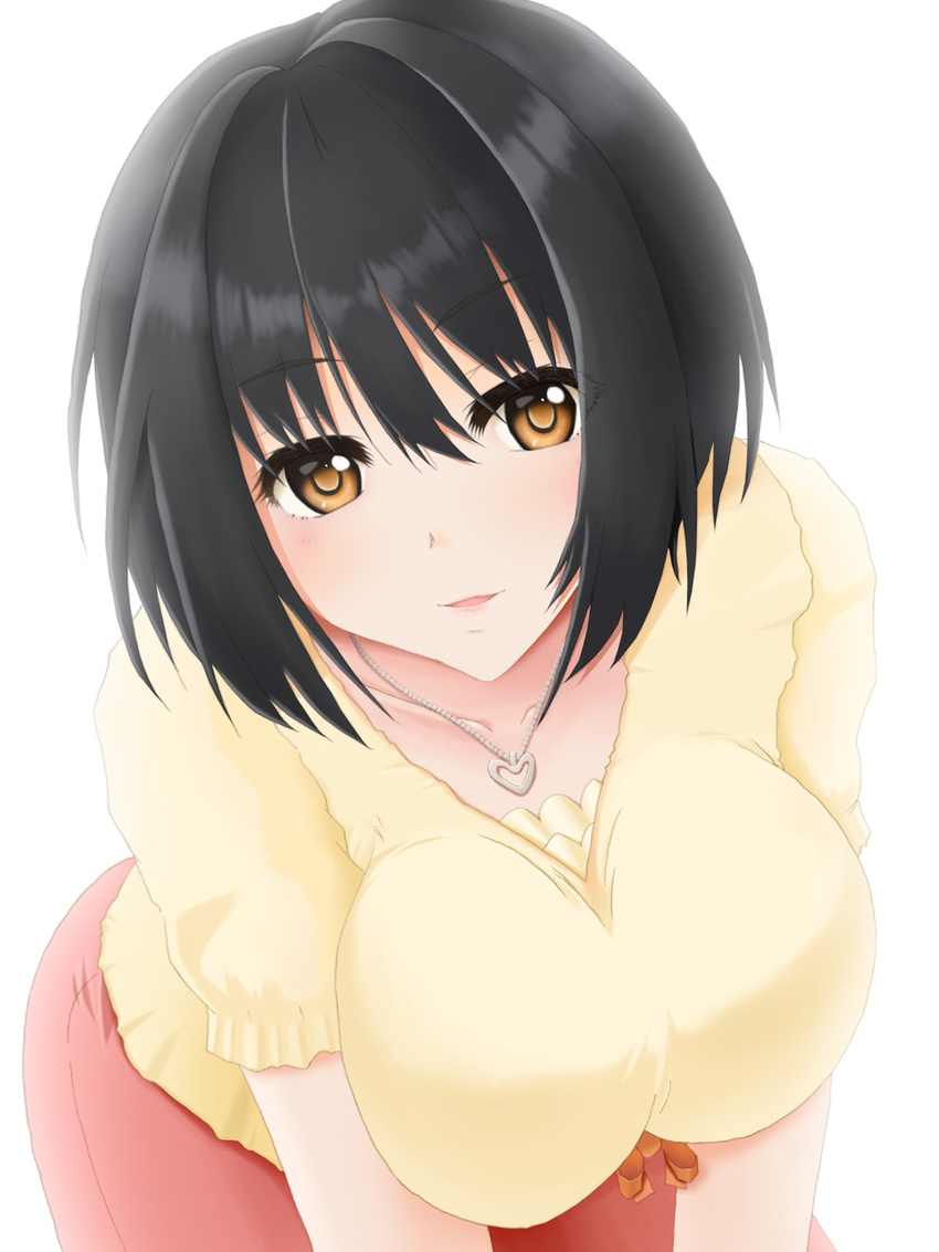 bad_id bad_pixiv_id black_hair bob_cut breasts heart heart_necklace highres idolmaster idolmaster_cinderella_girls large_breasts open_mouth short_hair simple_background smile solo takafuji_kako white_background yellow_eyes