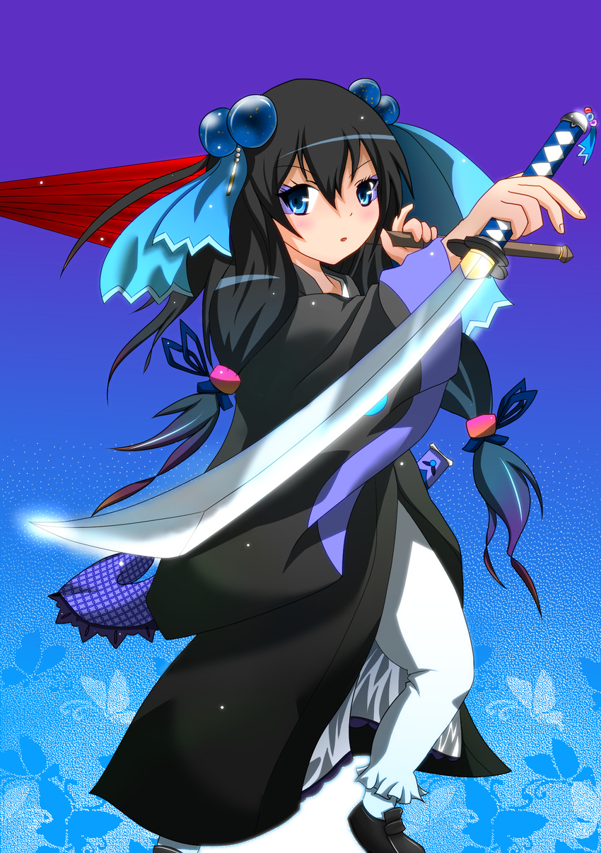 1girl black_hair blade blue_eyes blush boots female hair_ornament highres long_hair original solo sword twintails umbrella weapon yanashiro_(390065)