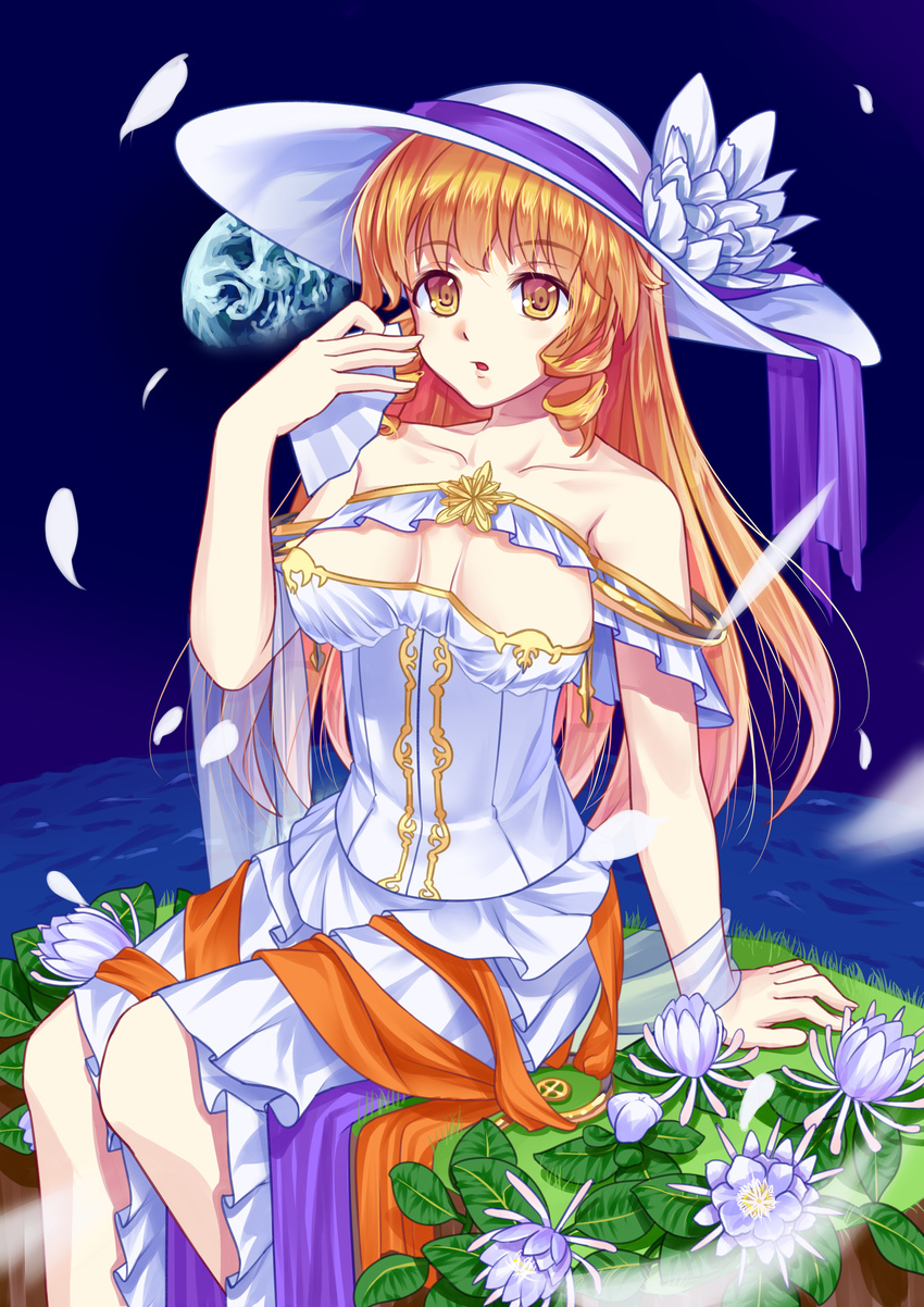 absurdres bad_id bad_pixiv_id bare_shoulders blonde_hair breasts dress fan flower folding_fan hat hat_flower highres long_hair medium_breasts petals solo touhou watatsuki_no_toyohime xiaoai yellow_eyes