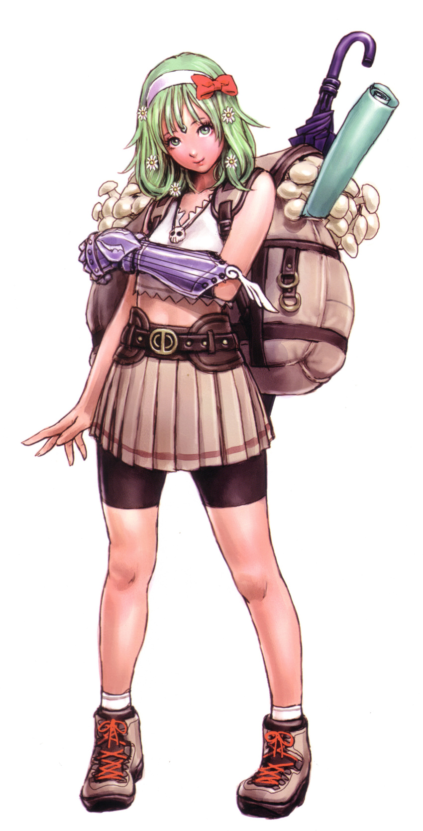 absurdres backpack bag bike_shorts flower full_body gauntlets green_eyes green_hair hair_flower hair_ornament hairband highres looking_at_viewer mugen_no_fantasia mushroom shorts shorts_under_skirt skirt solo standing wild_flower yamashita_shun'ya