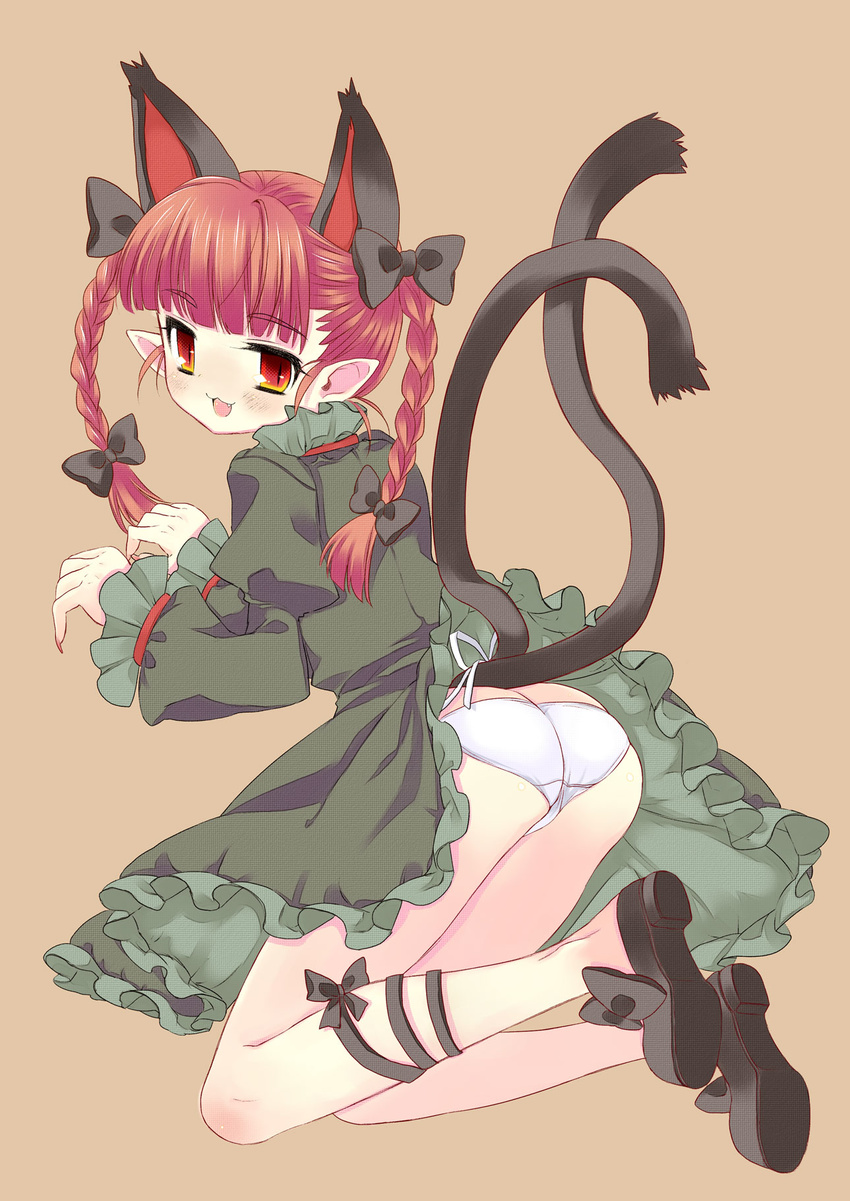 animal_ears braid cat_ears cat_tail fang highres kaenbyou_rin maitou multiple_tails panties red_eyes red_hair ribbon solo tail touhou twin_braids twintails underwear